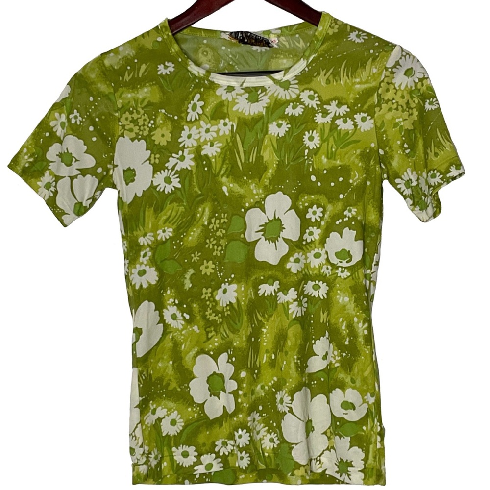 JCPenney Fashions Vintage Hippie Green Floral Short Sleeve Round Neck Shirt 10